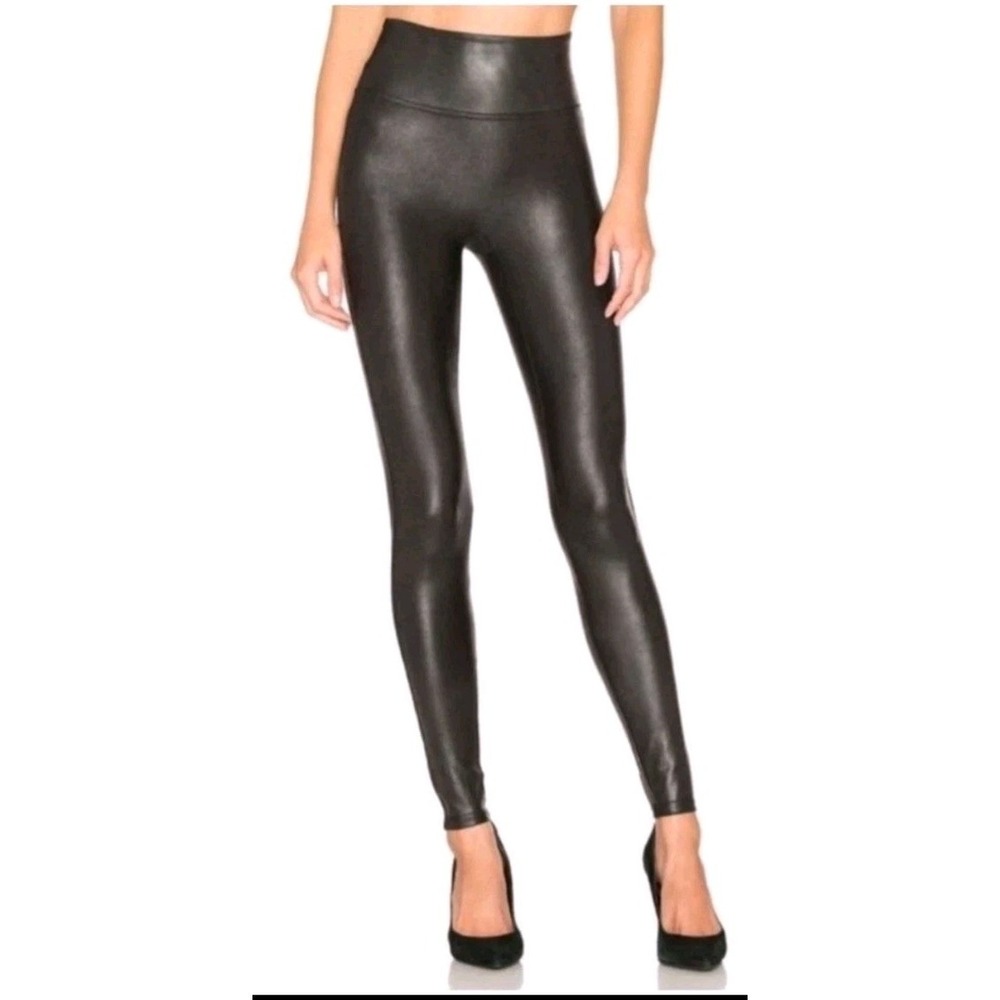 Spanx M Black Faux Leather Metallic Leggings‎ Shapewear Pull On Pants Going Out